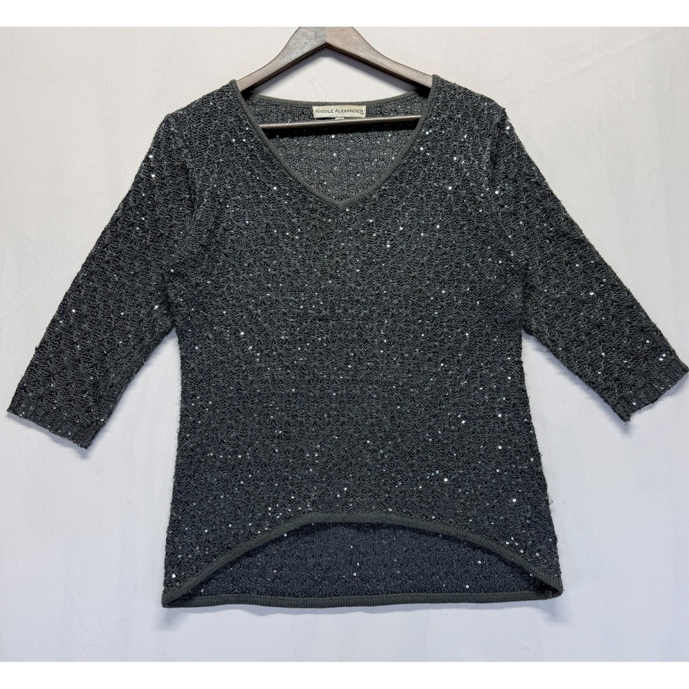 Nicole Alexander Sweater Womens Medium Charcoal Sequin‎ Knit 3/4 Sleeve V Neck